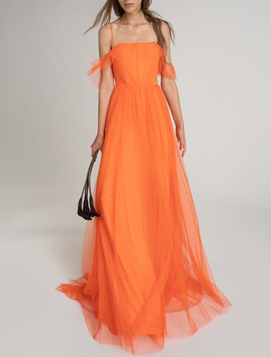 A Line Bridesmaid Dress Off Shoulder Sleeveless Open Back Court Train Satin Tulle for Elegant Bridal Party