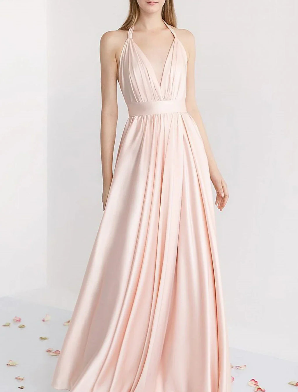 A Line Halter Bridesmaid Dress Pink Satin Floor Length With Ruching For Elegant Bridesmaids