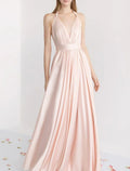 A Line Halter Bridesmaid Dress Pink Satin Floor Length With Ruching For Elegant Bridesmaids