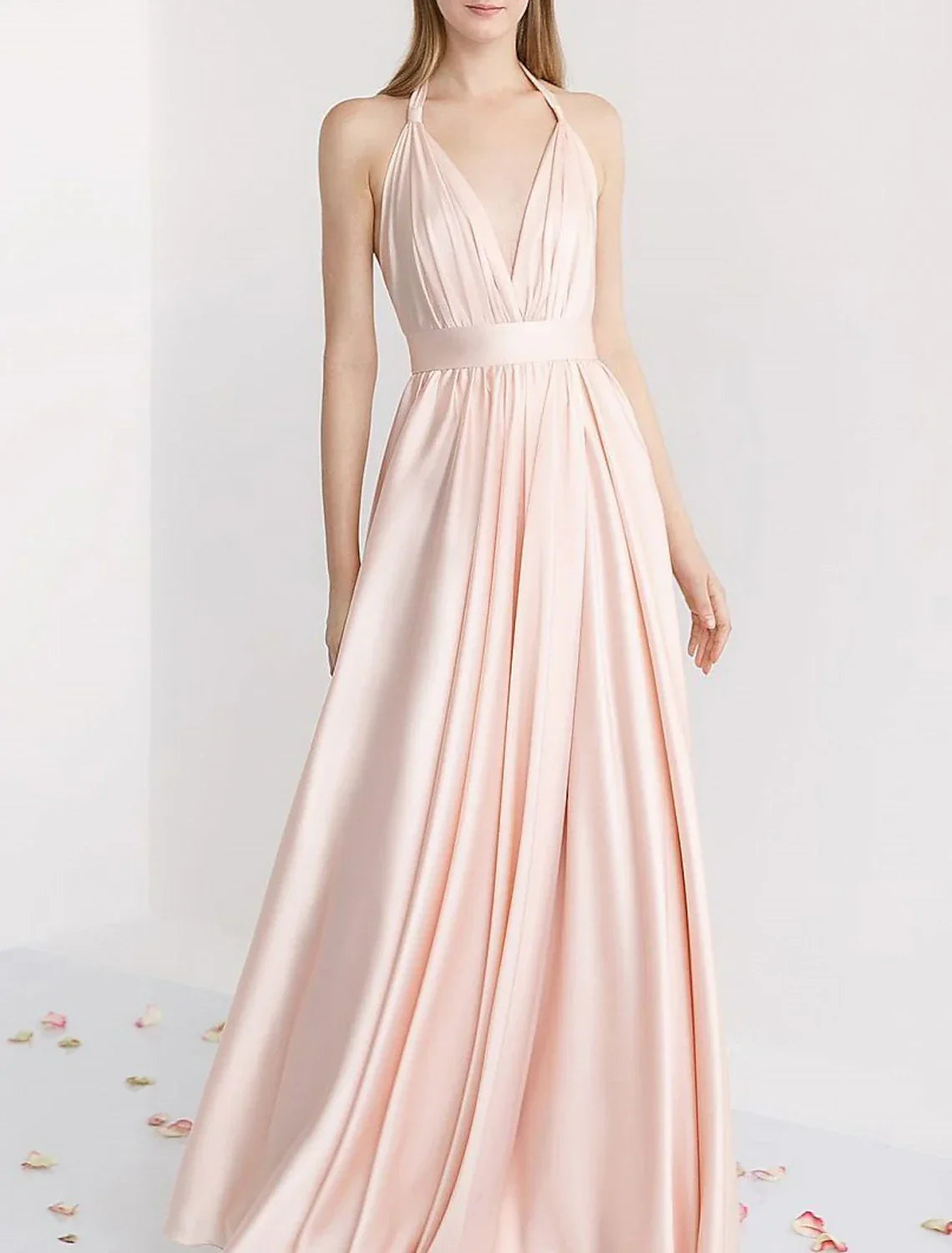 A Line Halter Bridesmaid Dress Pink Satin Floor Length With Ruching For Elegant Bridesmaids