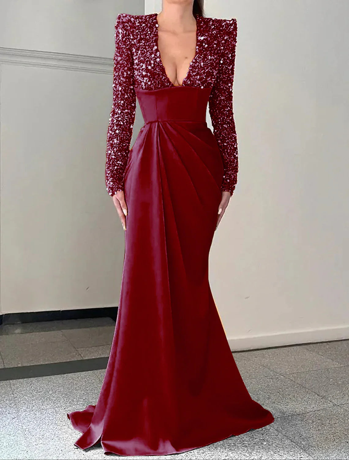 Mermaid Trumpet Evening Gown Sparkle And Shine With Brush Train Long Sleeve V Neck Satin Sequin Dress For Formal Events