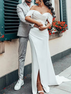 Bridal Satin Sheath Wedding Dress Off Shoulder Cap Sleeve Gown With Ruched Details For Modern Brides