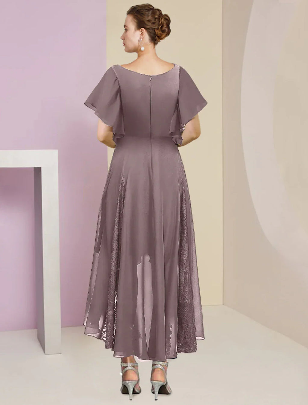 Mother Of The Bride Dress A Line Chiffon Lace V Neck Ankle Length Short Sleeve Pleats Crystal Brooch For Wedding Guests