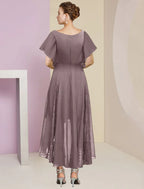 Mother Of The Bride Dress A Line Chiffon Lace V Neck Ankle Length Short Sleeve Pleats Crystal Brooch For Wedding Guests