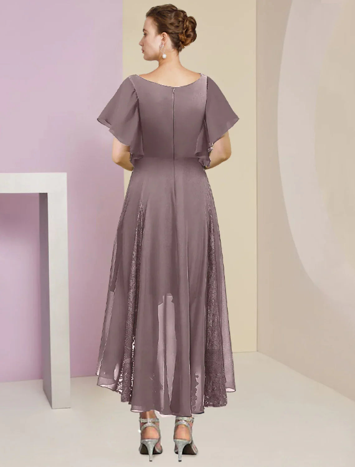 Mother Of The Bride Dress A Line Chiffon Lace V Neck Ankle Length Short Sleeve Pleats Crystal Brooch For Wedding Guests