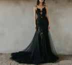 Black Gothic Mermaid Wedding Dress For Brides With Train Spaghetti Straps Illusion Bodice 3D Floral Lace
