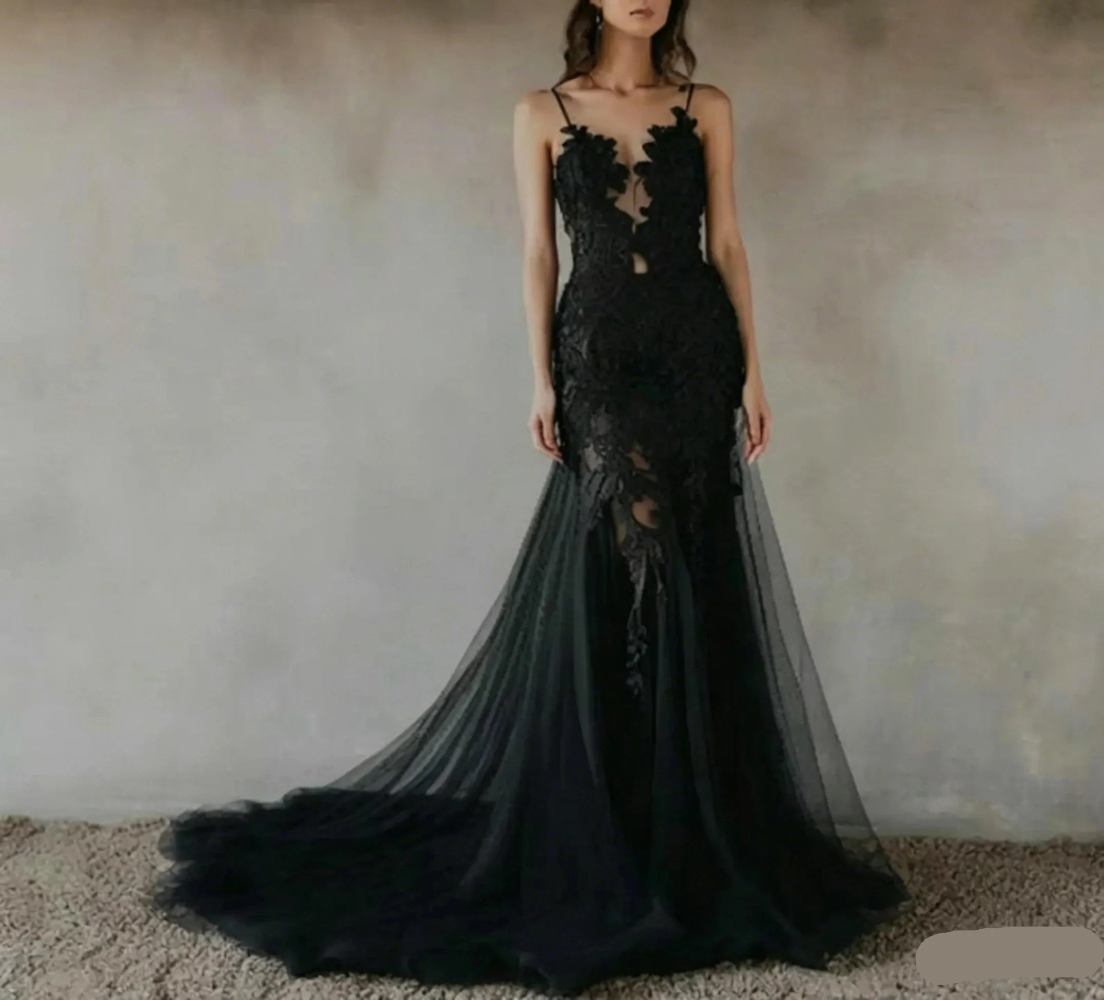 Black Gothic Mermaid Wedding Dress For Brides With Train Spaghetti Straps Illusion Bodice 3D Floral Lace