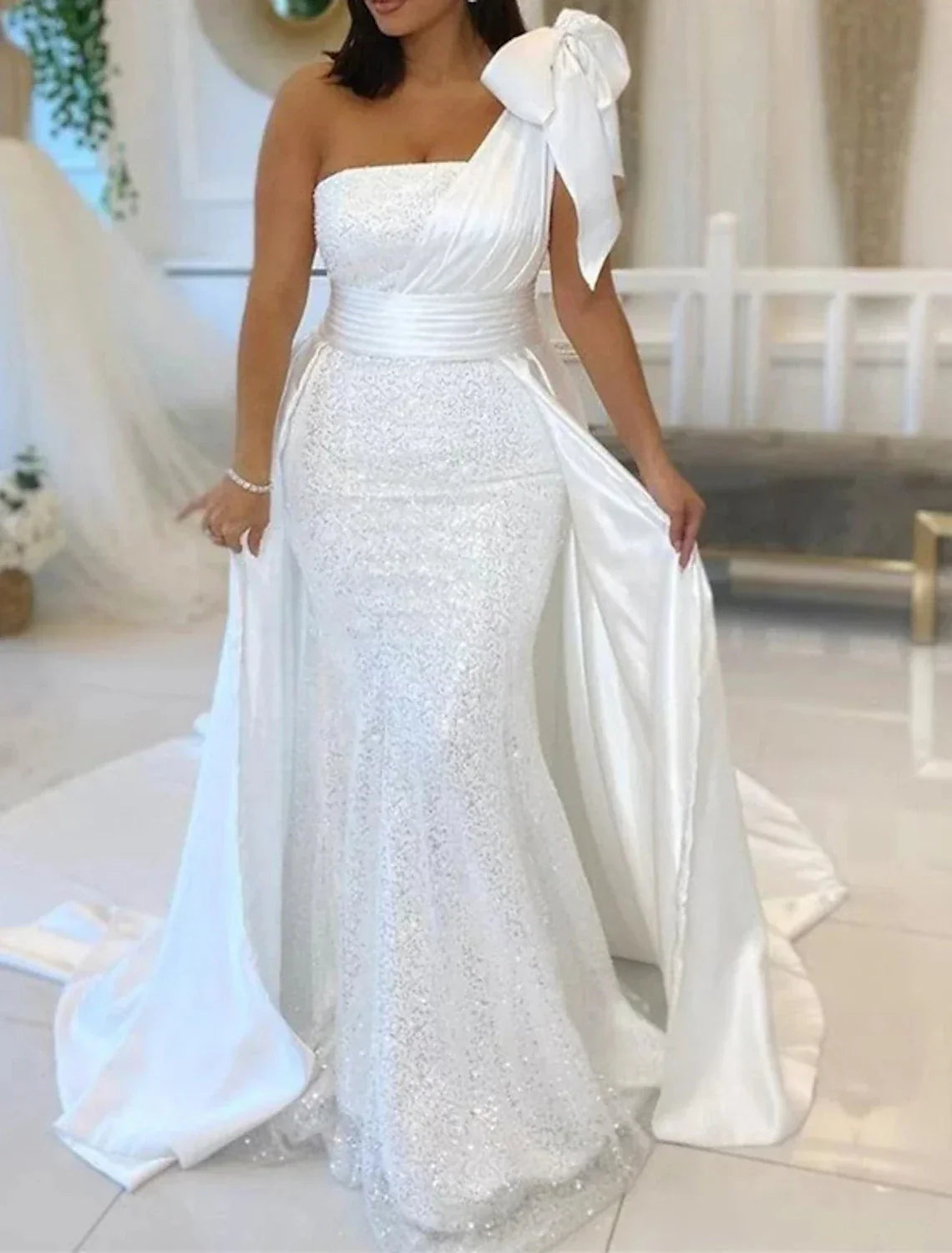 Mermaid Wedding Dress Sequined Radiant One Shoulder With Bow Details Chapel Train For Brides