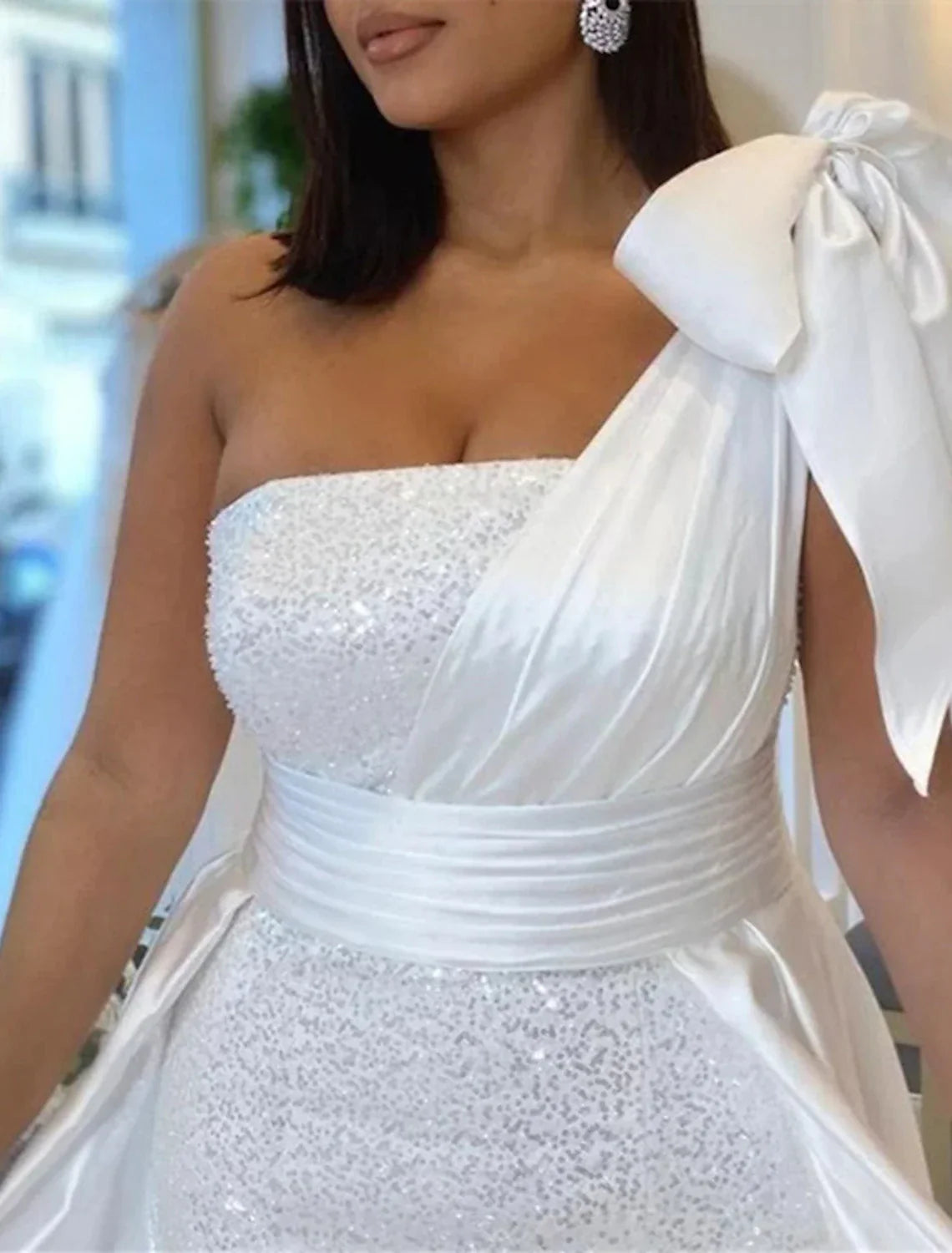 Mermaid One Shoulder Sequin Wedding Dress With Chapel Train Bow For Glam Brides Elegance