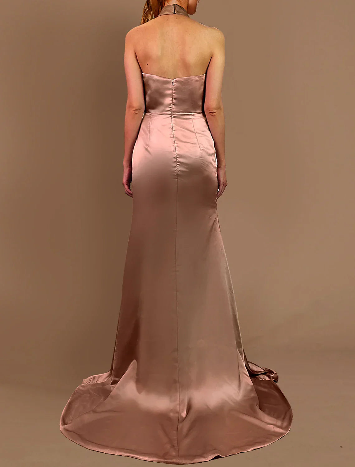 Mermaid Trumpet Evening Gown Satin Pink Halter Neck With High Split For Elegant Bridesmaids