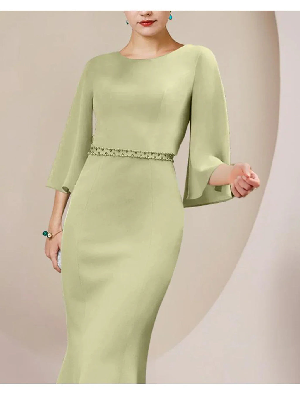 Mother Of The Bride Dress Mermaid Silhouette Beaded Chiffon Tea Length Three Quarter Sleeve Wedding Guest