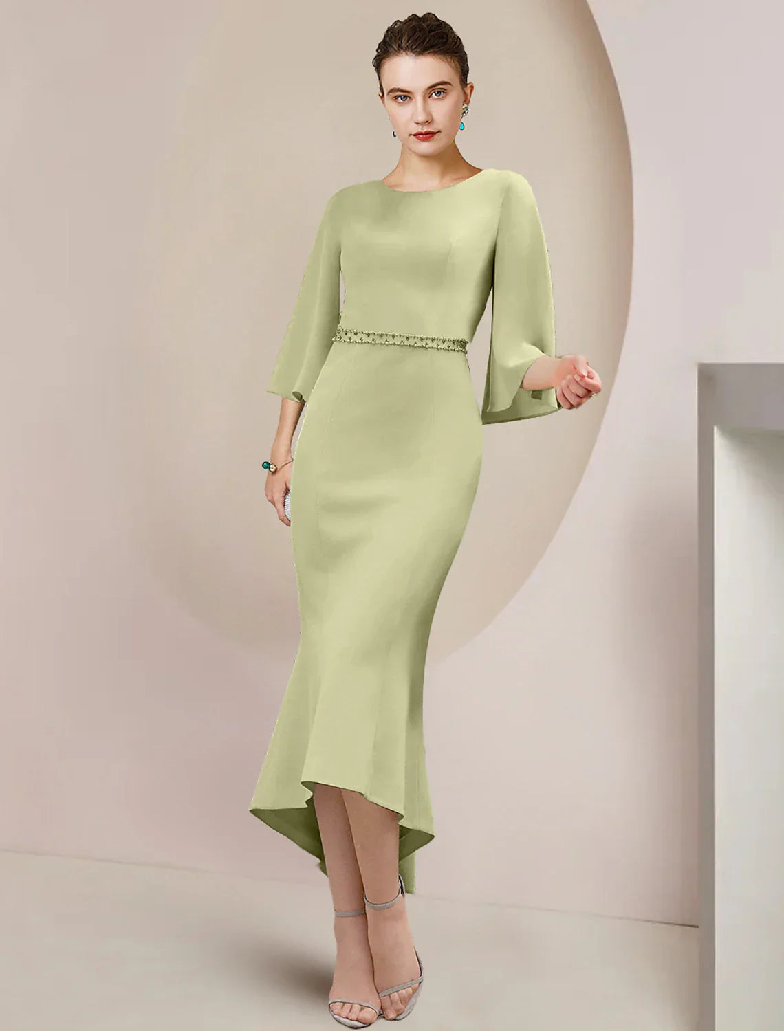 Mother Of The Bride Dress Mermaid Silhouette Beaded Chiffon Tea Length Three Quarter Sleeve Wedding Guest