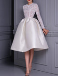 A Line Cocktail Dress Elegant 1950s Style Satin Knee Length Long Sleeve Jewel Neck For Wedding Guests