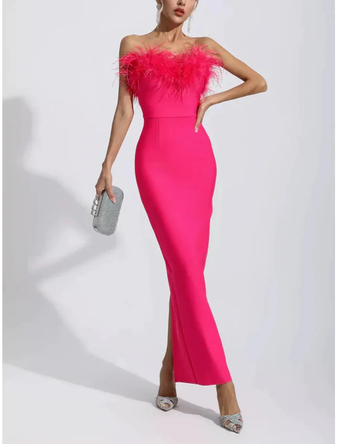 DingJiDress Black Sheath Evening Gown With Feather Detail Strapless Sleeveless Ankle Length Formal Dress For Women