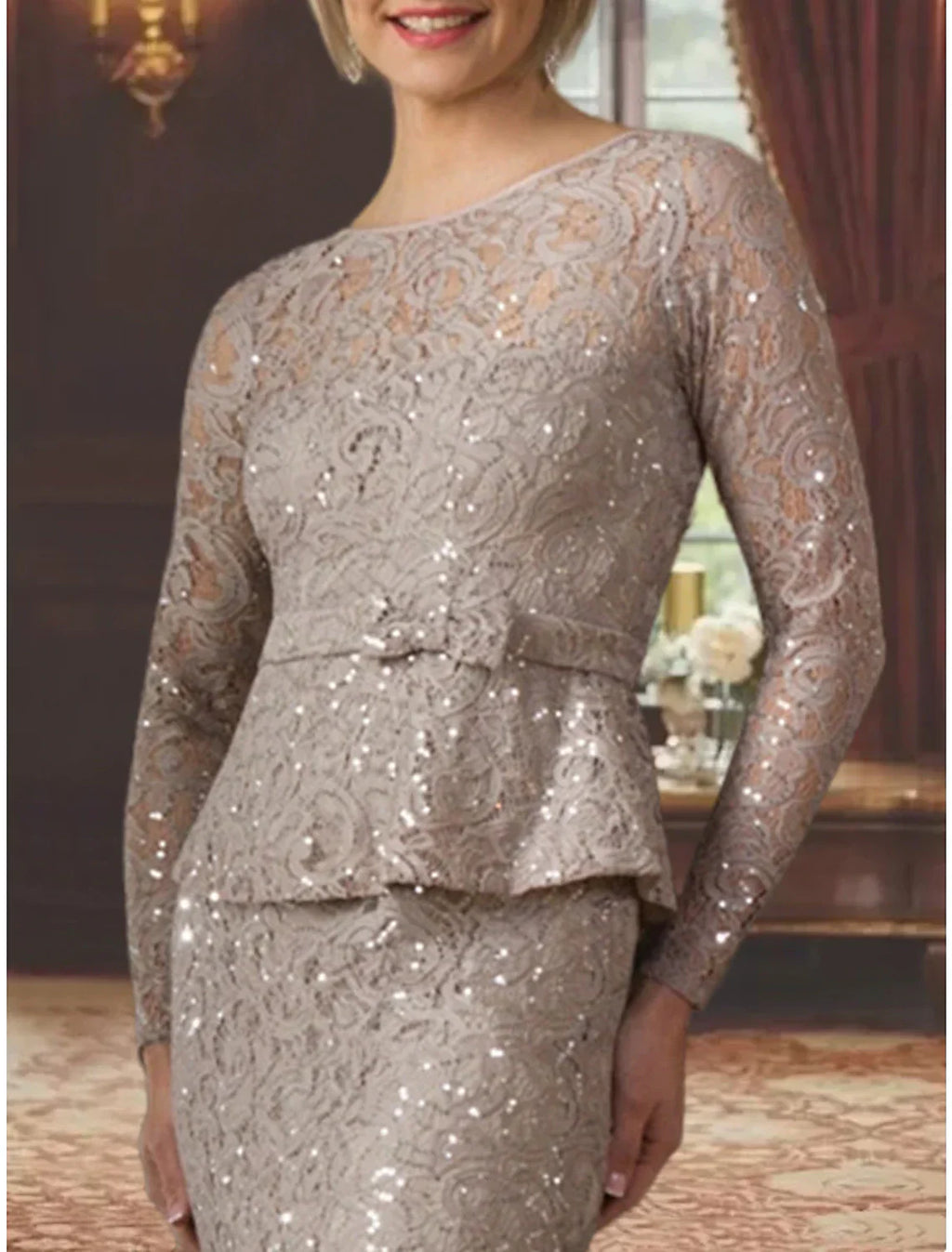 Mother Of The Bride Dress Elegant Lace Sequined Charmeuse Long Sleeve Appliques