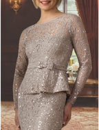 Mother Of The Bride Dress Elegant Lace Sequined Charmeuse Long Sleeve Appliques
