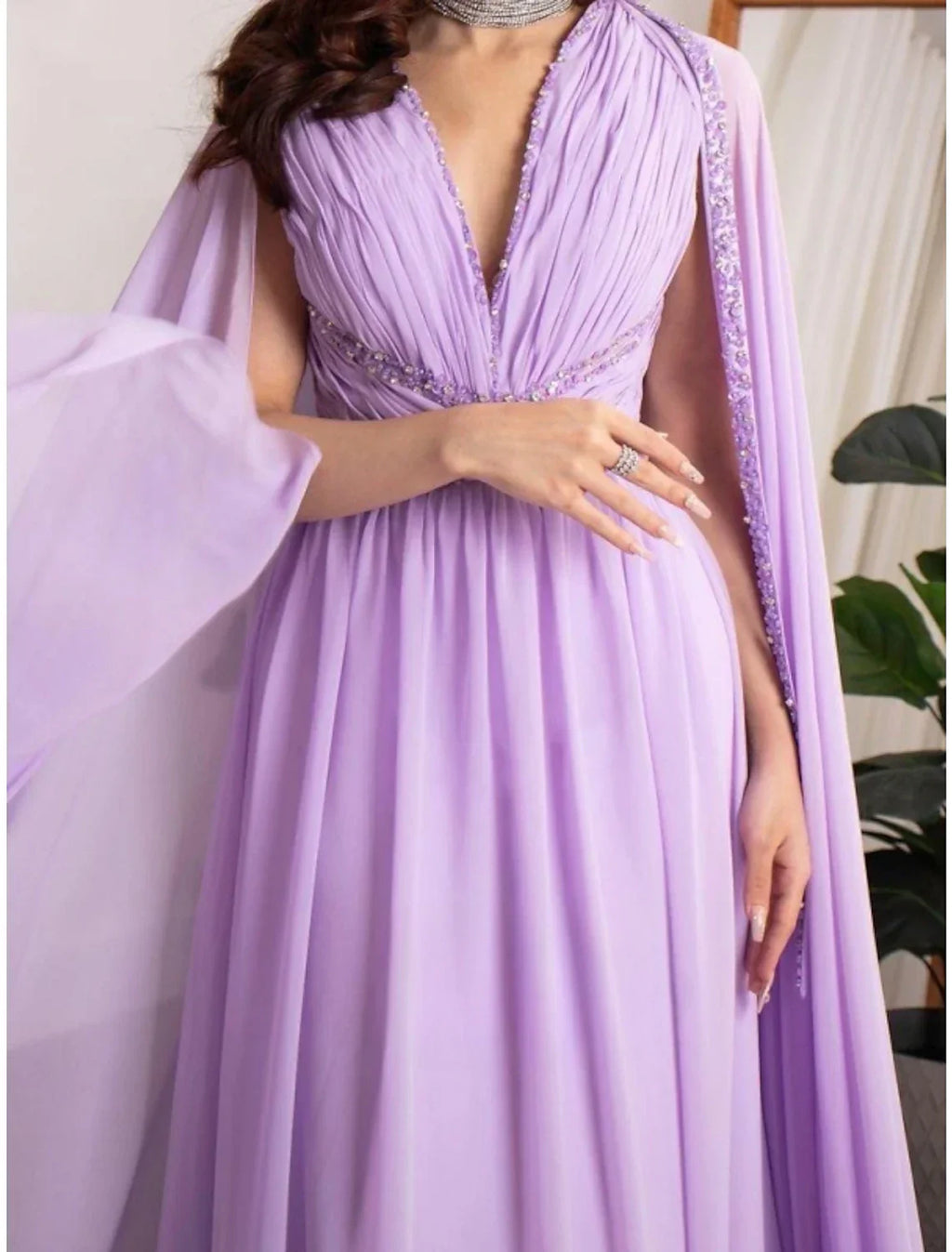 A Line Evening Gown Elegant Long Sleeve V Neck Chiffon Sequin Pleated Dress For Formal Events