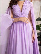 A Line Evening Gown Elegant Long Sleeve V Neck Chiffon Sequin Pleated Dress For Formal Events