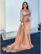A Line Satin Evening Gown Glitter Ruched Long Sleeve Square Neck Court Train For Formal Events