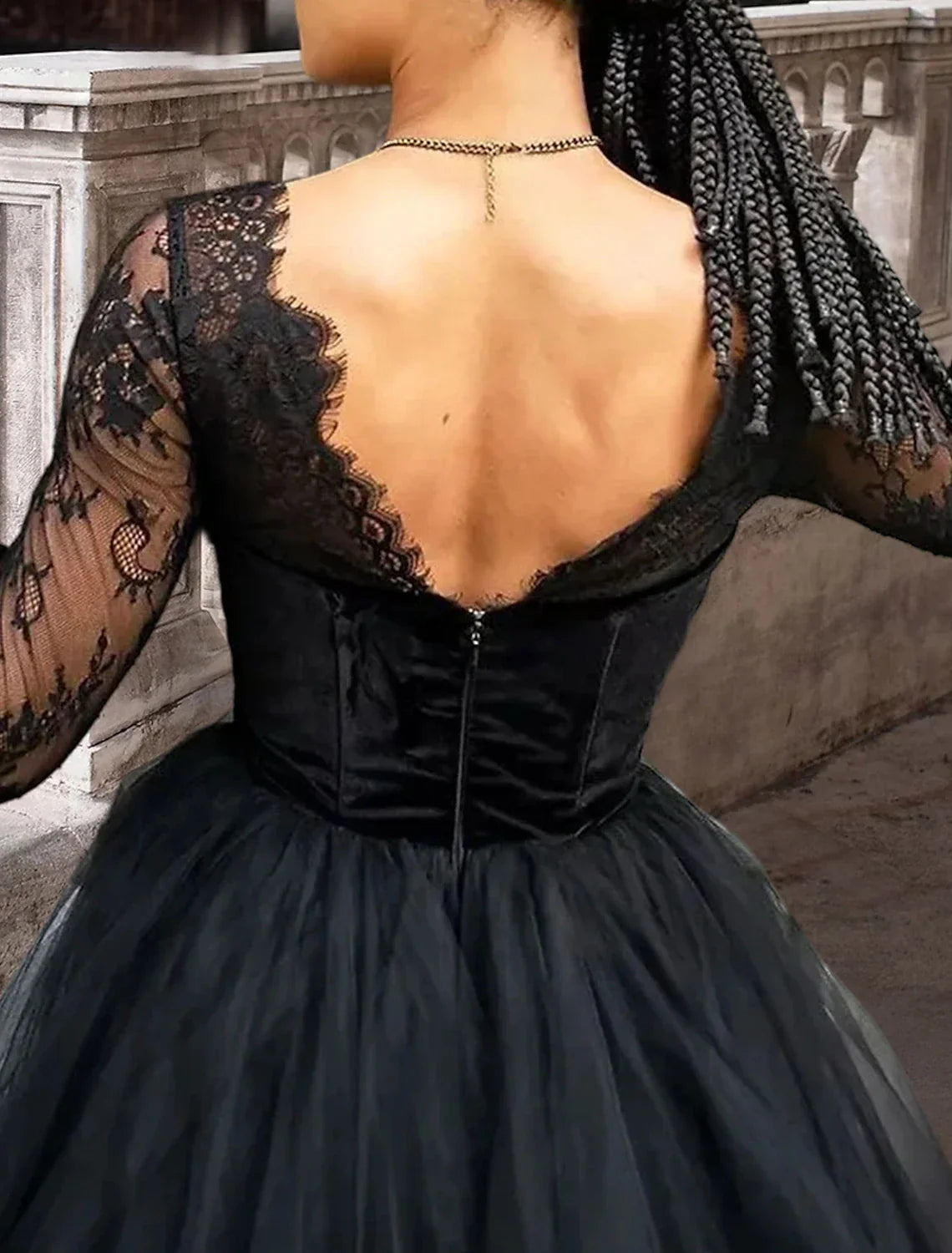 Black Gothic Wedding Dress Lace A Line With Square Neck Three Quarter Sleeve Floor Length Bridal Gown For Gothic Brides