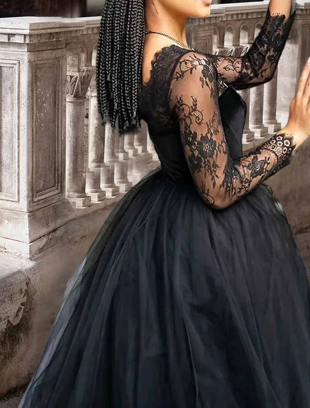 Black Gothic Wedding Dress Lace A Line With Square Neck Three Quarter Sleeve Floor Length Bridal Gown For Gothic Brides