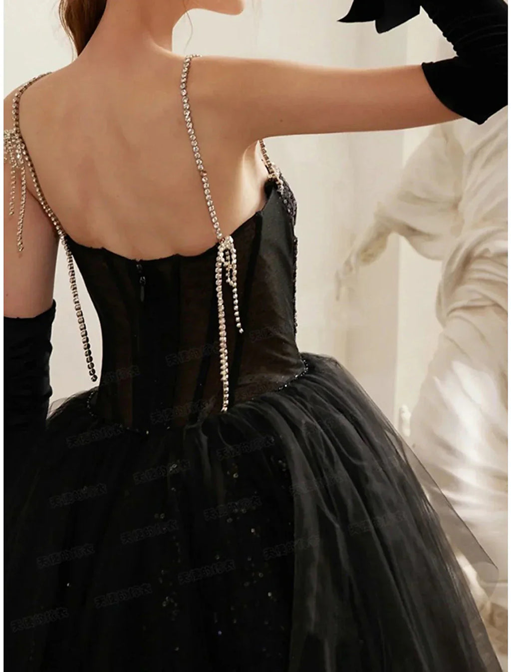 A Line Sequin Evening Gown Black Floor Length Strapless Prom Dress For Glamorous Photoshoots