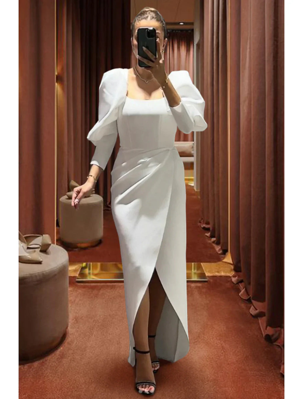 Black Sheath Dress With Stretch Fabric Ruched Details For Elegant Evening Gown With Asymmetrical Three Quarter Sleeve