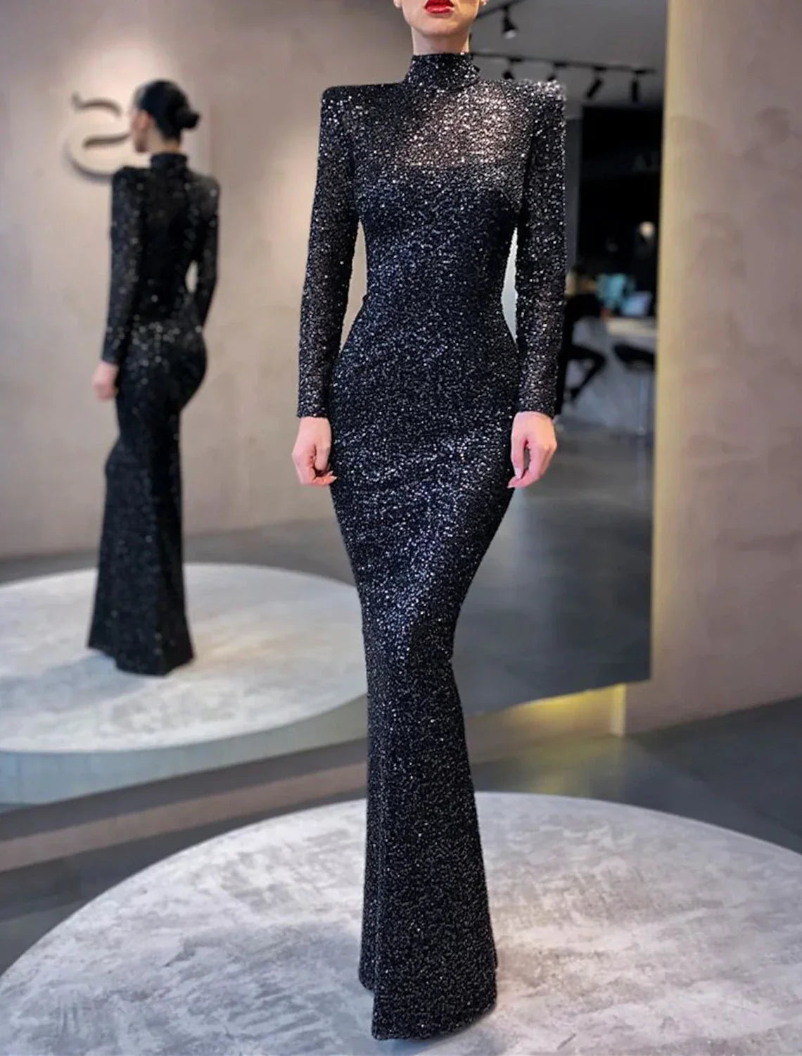 Mermaid Black Dress Evening Gown Sparkle & Shine Dress Formal Cocktail Party Floor Length Long Sleeve High Neck Sequined with Sequin