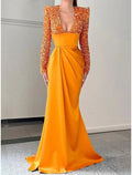 Mermaid Trumpet Evening Gown Sparkle And Shine With Brush Train Long Sleeve V Neck Satin Sequin Dress For Formal Events