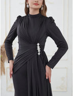 A Line Evening Gown For Women Glamorous Black Satin Sequin Pleated Long Sleeve High Neck Sweep Train
