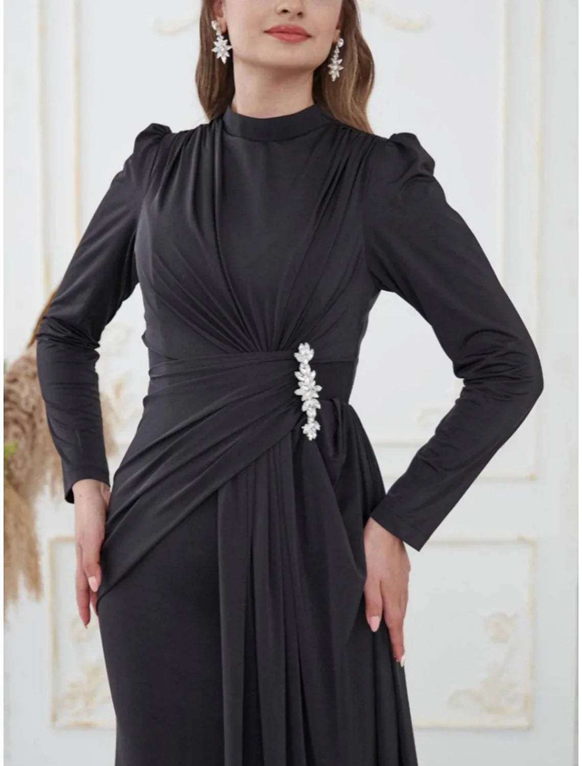 A Line Evening Gown For Women Glamorous Black Satin Sequin Pleated Long Sleeve High Neck Sweep Train