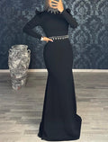 Mermaid Black Dress Evening Gown Elegant Masquerade Floor Length With Rhinestones Long Sleeve
