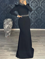 Mermaid Black Dress Evening Gown Elegant Masquerade Floor Length With Rhinestones Long Sleeve