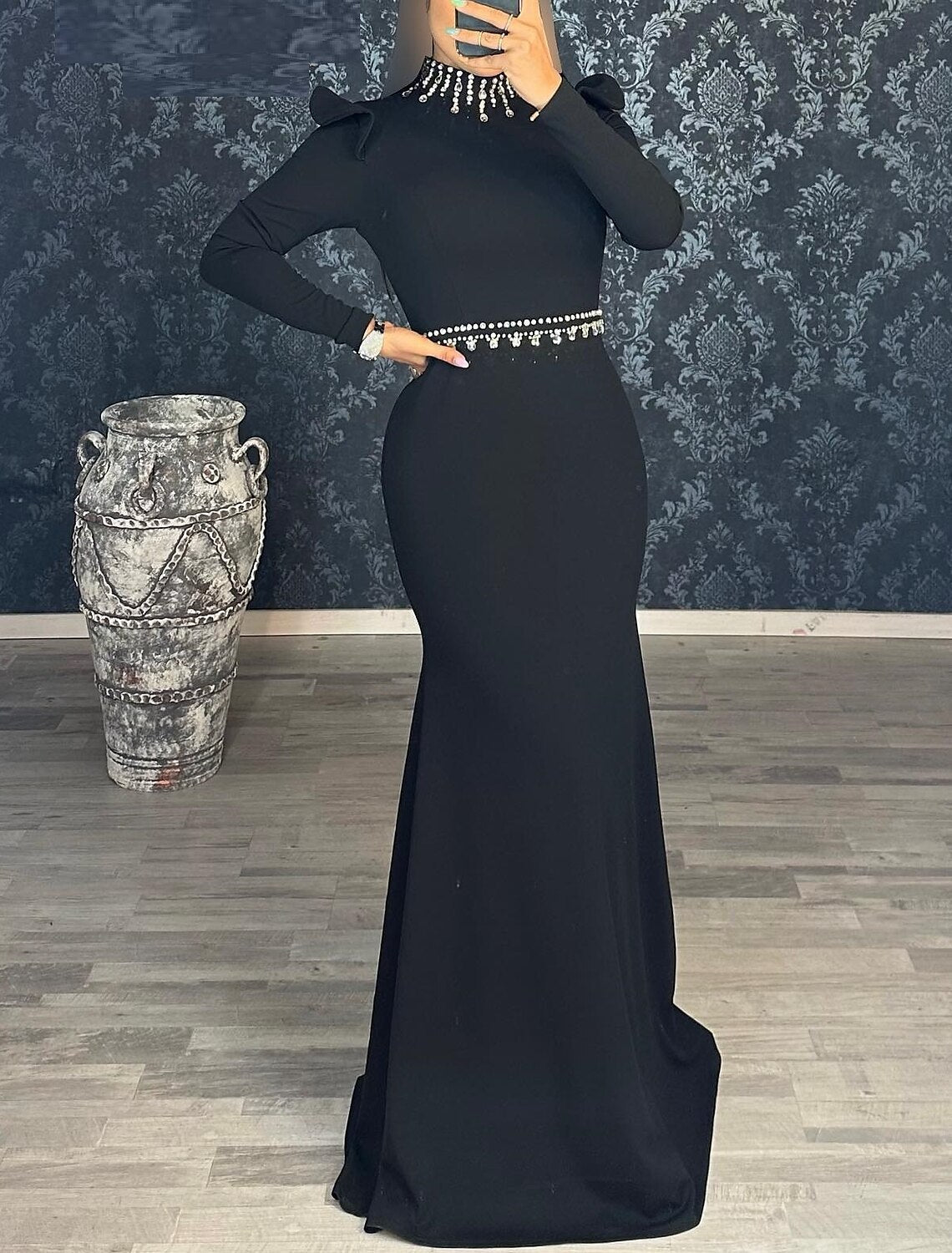 Mermaid Black Dress Evening Gown Elegant Masquerade Floor Length With Rhinestones Long Sleeve