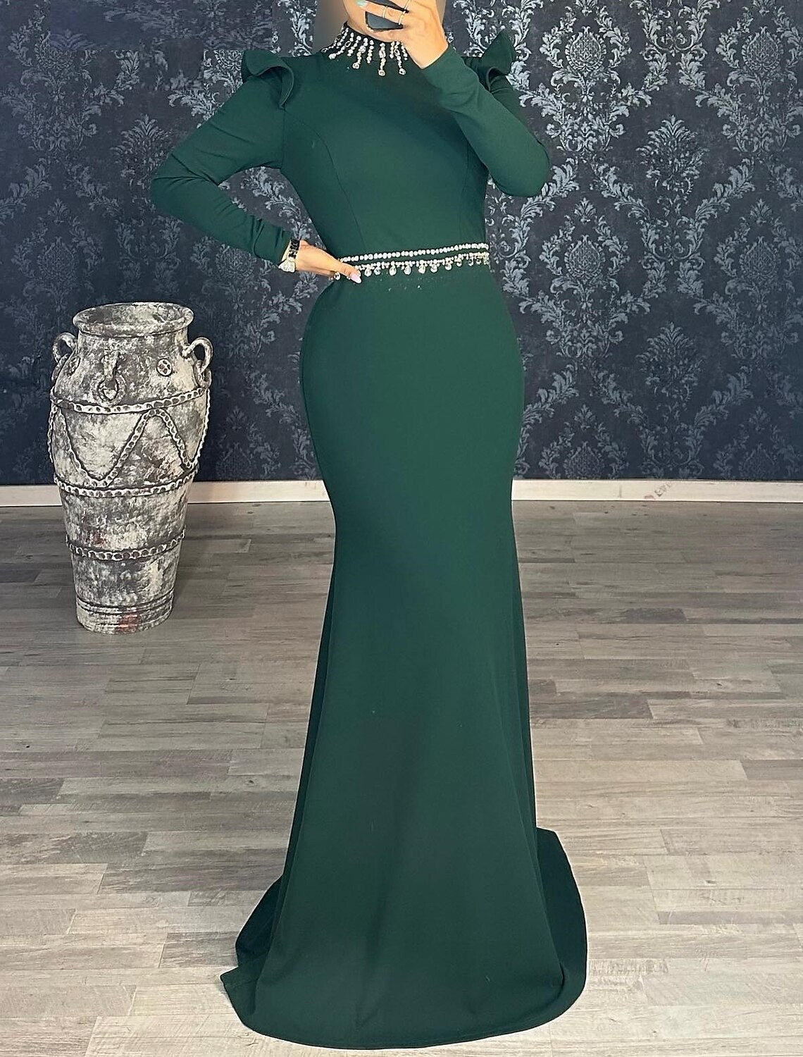 Mermaid Black Dress Evening Gown Elegant Masquerade Floor Length With Rhinestones Long Sleeve