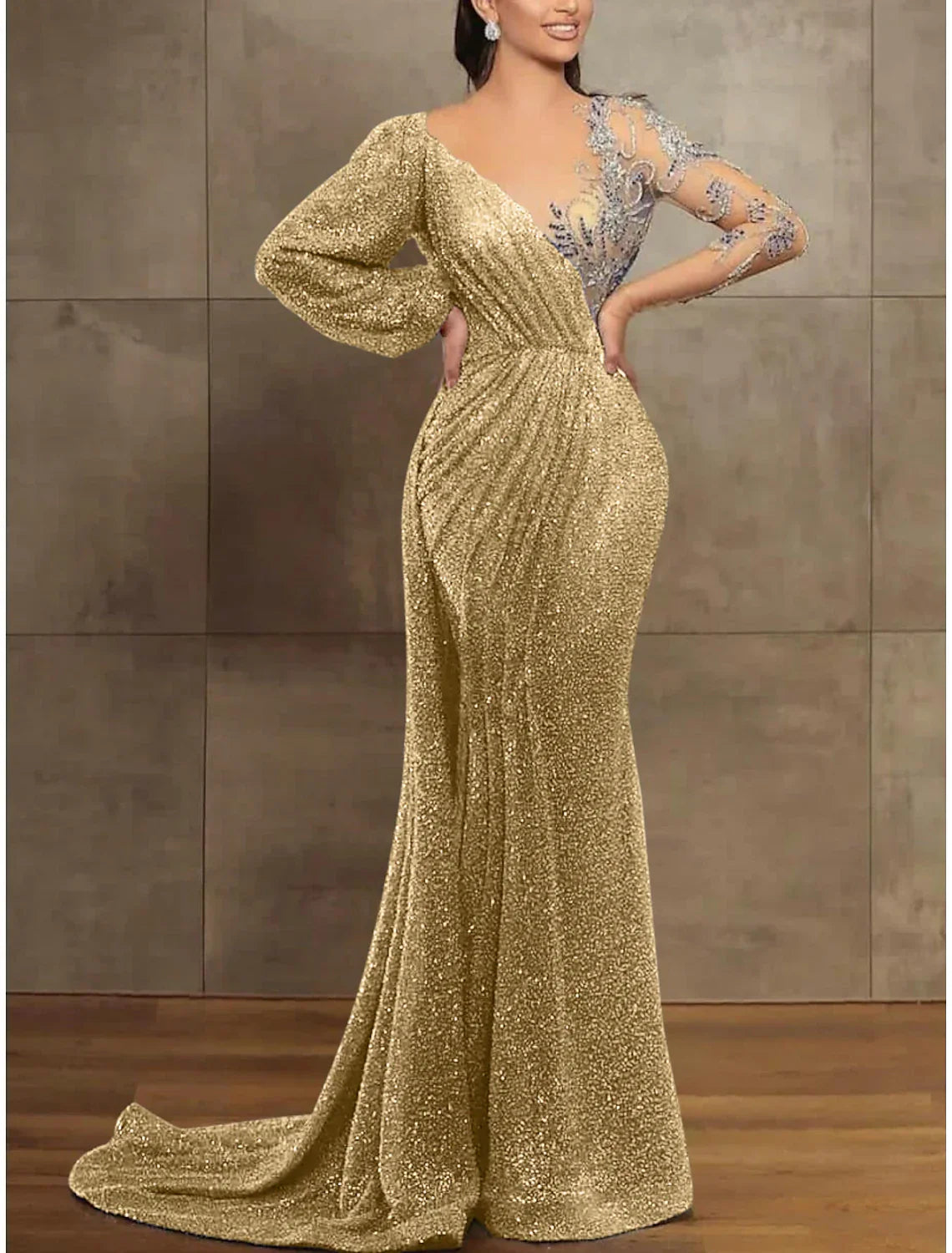 Mermaid Trumpet Evening Gown For Women Elegant Sequined Illusion Neck Long Sleeve Pleats Court Train