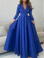 A Line Evening Gown Satin With Pleats V Neck Floor Length Three Quarter Sleeve For Christmas Parties