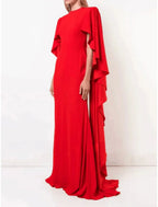 A-Line Evening Gown With Jewel Neck Chiffon Sweep Train Pleats And Ruffles For Formal Events