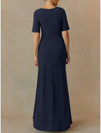 A Line Mother Of The Bride Dress Elegant V Neck Floor Length Chiffon Short Sleeve Ruching Gown