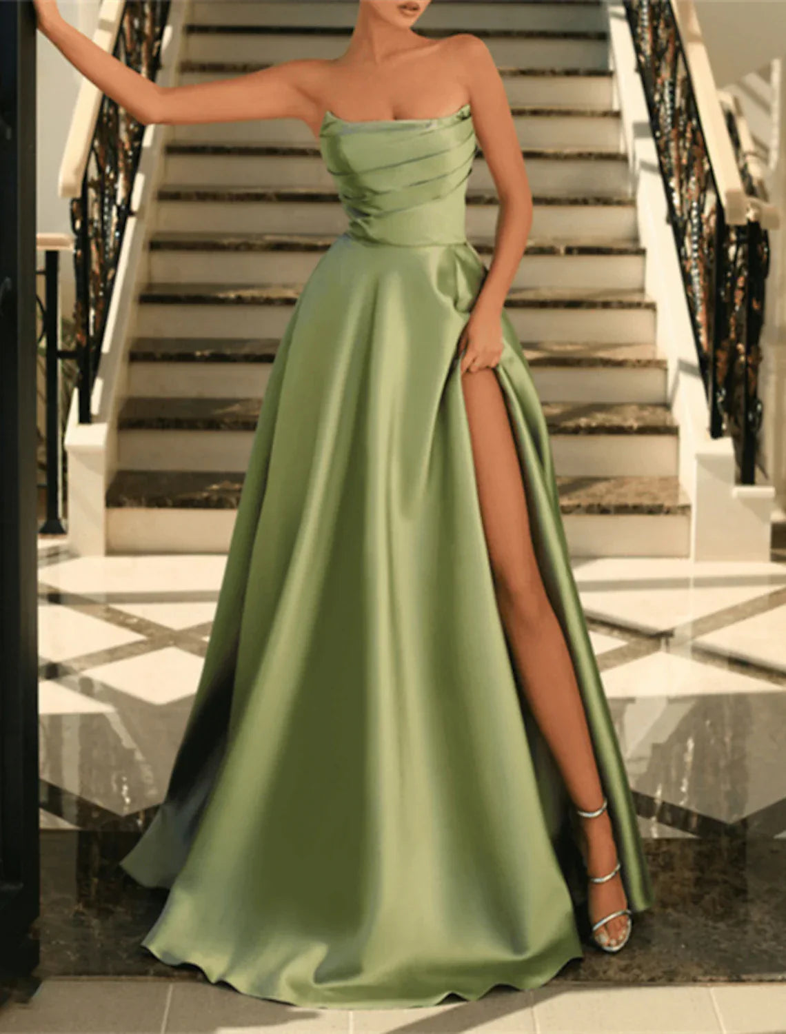Elegant A Line Evening Gown Black Satin Strapless Floor Length Dress For Masquerade Ball