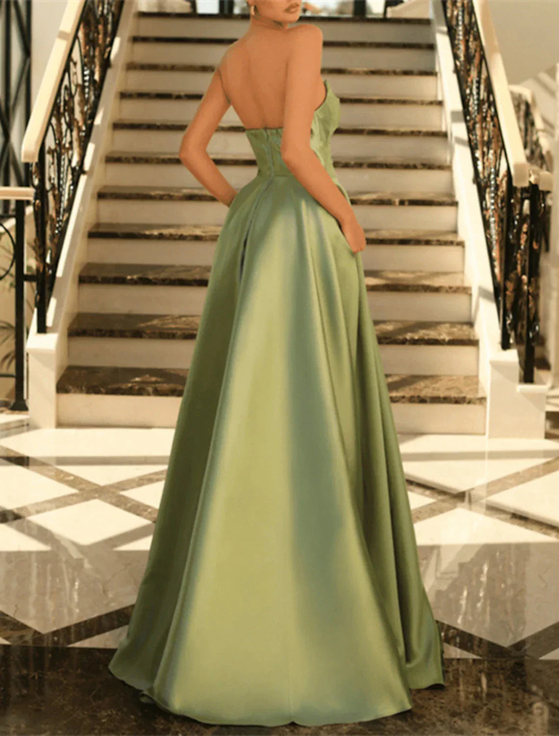 Elegant A Line Evening Gown Black Satin Strapless Floor Length Dress For Masquerade Ball