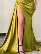Mermaid Trumpet Evening Gown Satin Strapless Sequin Ruched Elegant Formal Wedding Dress With Court Train For Brides