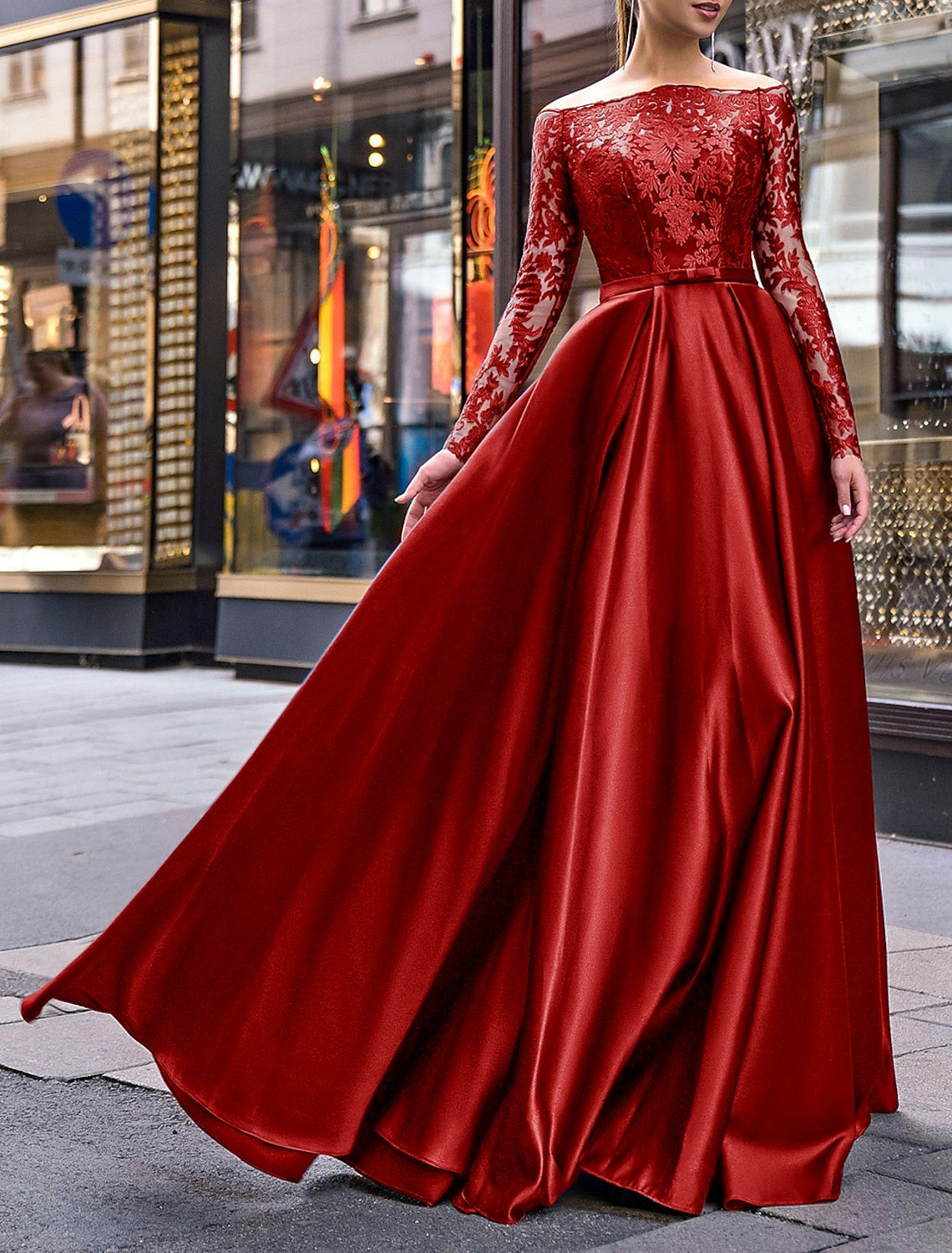 A Line Satin Evening Gown Glamorous For Wedding Guests With Off Shoulder Long Sleeves Belted Sash And Appliques