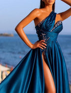 A-Line Evening Gown Sexy Dress Formal Wedding Guest Court Train Sleeveless One Shoulder Charmeuse with Rhinestone