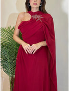 A-Line Evening Gown Elegant Dress Formal Sweep / Brush Train Christmas Red Green Dress Sleeveless Halter Neck Stretch Chiffon with Pleats Ruched Shouder Flower