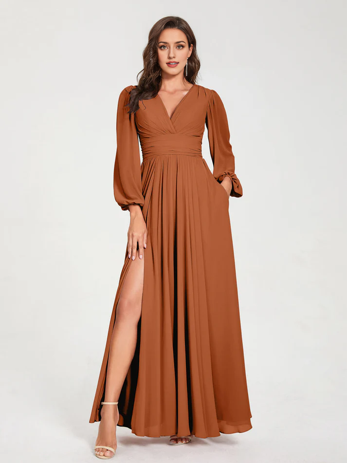 Chiffon Puff-Sleeve V-Neck Ruched Bodice High-Slit A-Line Floor-Length Bridesmaid Dresses