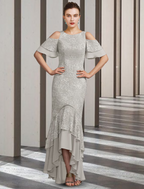 Mother of the Bride Dress Elegant High Low Floor Length Chiffon Lace Short Sleeve with Ruffles