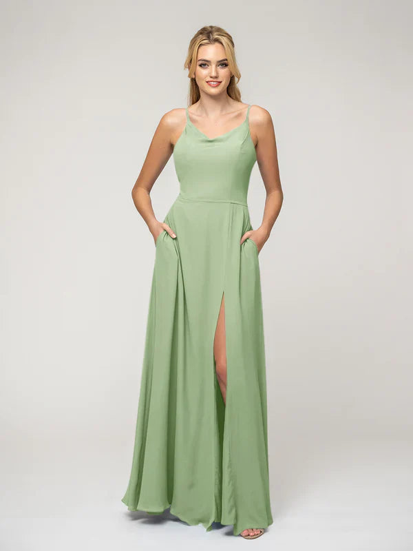 Bridesmaids Dress A Line Chiffon Cowl Neck Spaghetti Straps Elegant Wedding Party Gown
