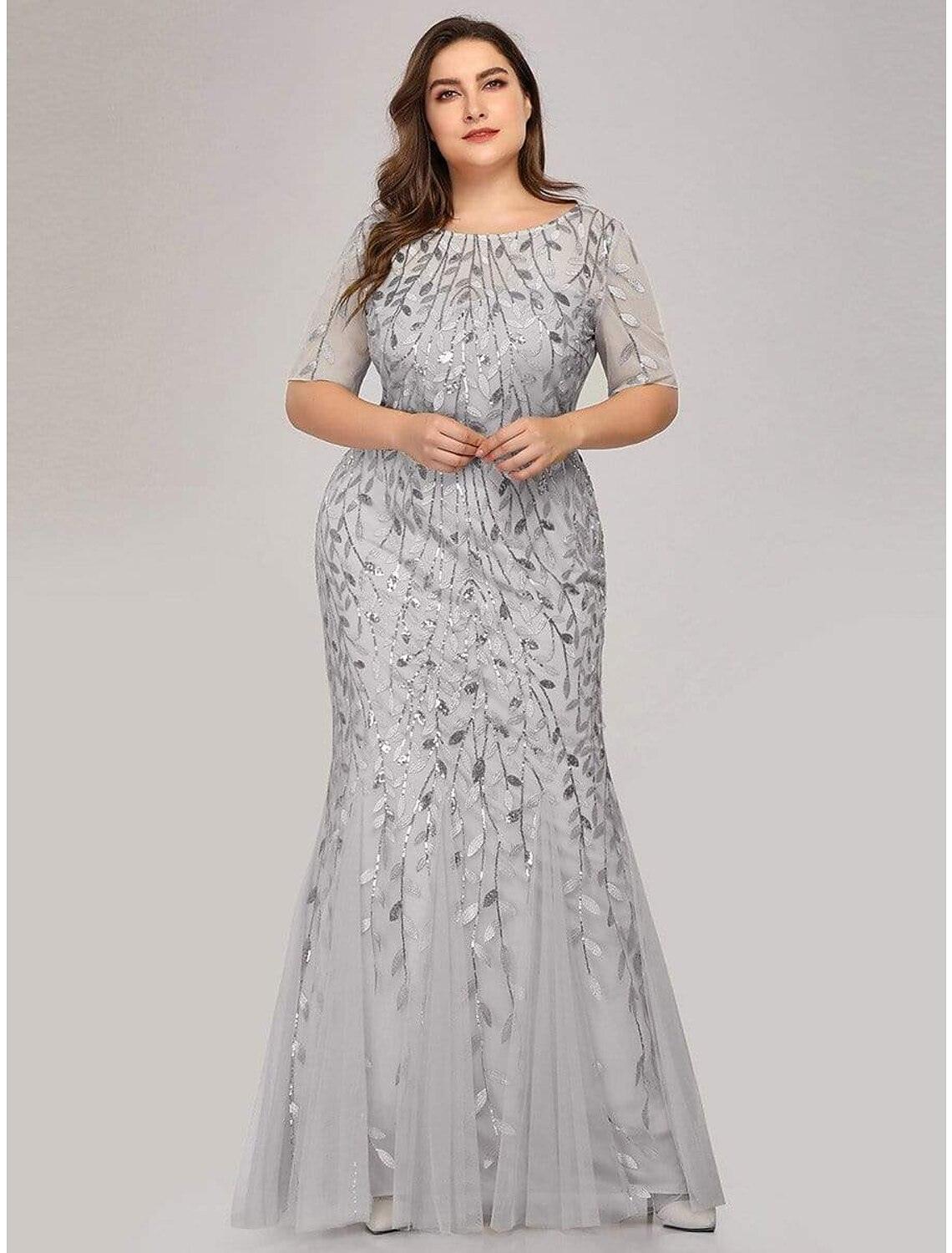 Empire Elegant Party Wear Formal Evening Dress Jewel Neck Short Sleeve Floor Length Tulle with Embroidery