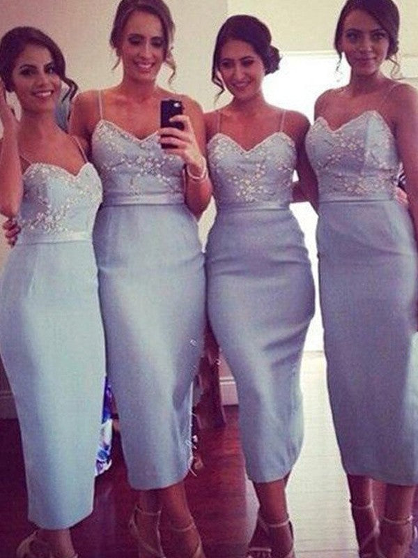 Bridesmaid Satin Sheath Dress With Spaghetti Straps Knee Length Elegant For Bridesmaids Wedding Party